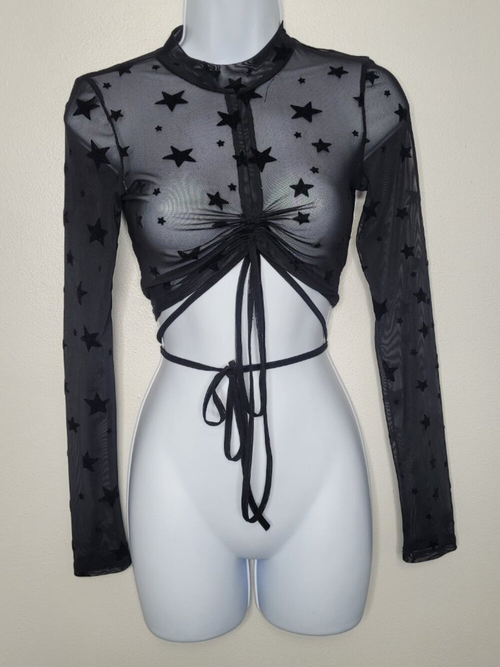 Bear Dance black mesh star club emo rave crop tie long sleeve top size small